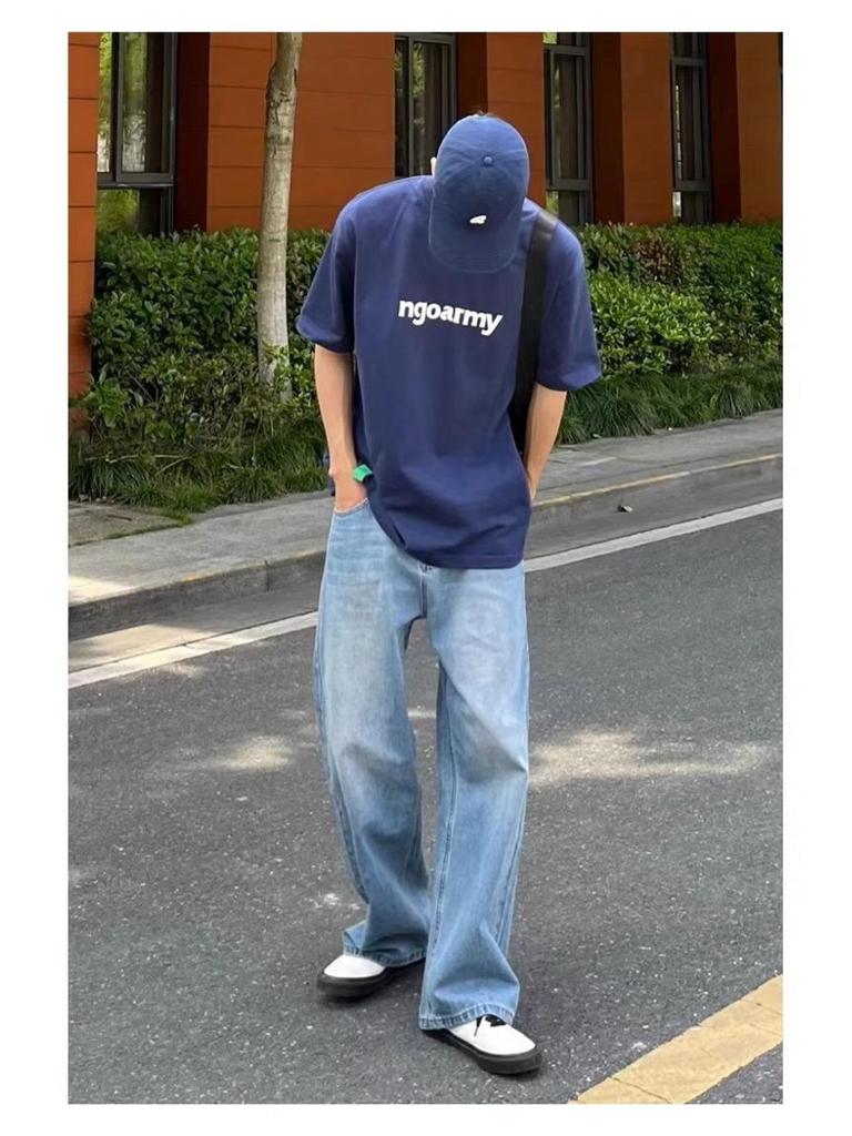 Men's Loose Straight-Leg Distressed Jeans - Floor-Length, Wide-Leg, Casual Trend