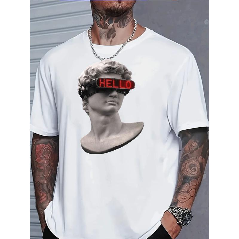 European sizes Men's Casual T Shirt Classical Statue Headphones Hello Print Street Style Adult Men Fashion Daily Wear