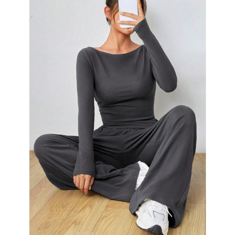 VEZFAA Women's Fashion Casual Spring Autumn Solid Color Print Long Sleeve O-Neck Trousers Pants Suits