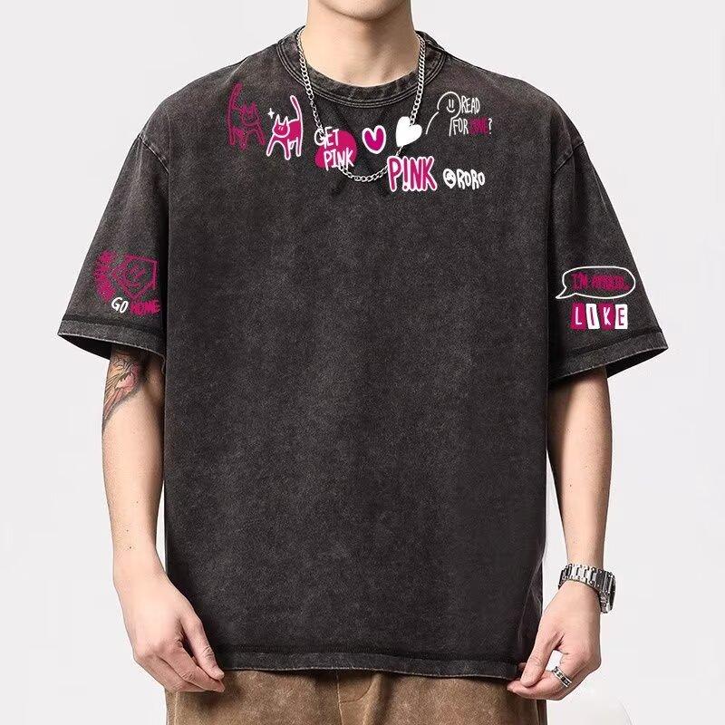 

2025 New Loose Casual Short Sleeve T-Shirt for Men, Ins Trendy Brand, European and American Hip-Hop Style, Round Neck Printed Base Shirt, Summer Top M сірий колір