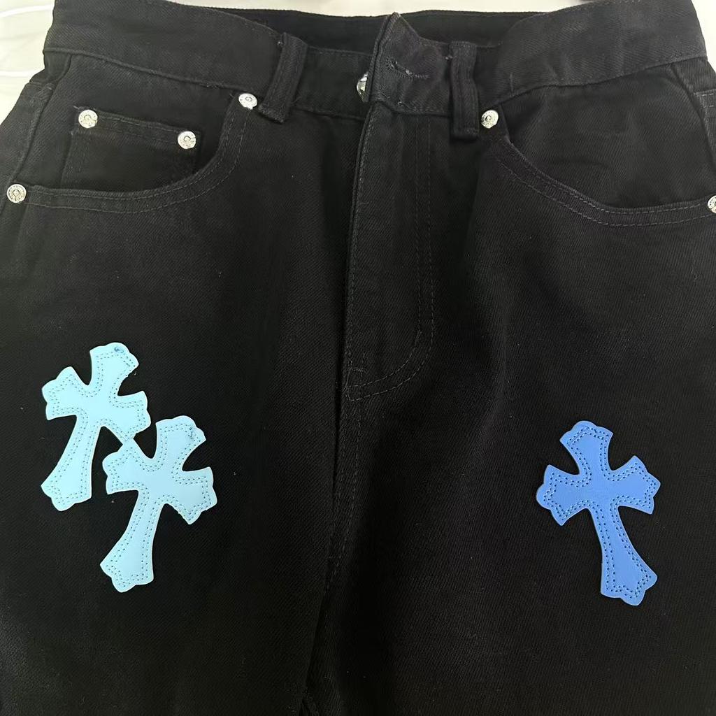9902 CHROME HEARTS Pánské a dámské trendy džíny v americkém stylu s látkovými nášivkami, ležérní a módní high street kalhoty