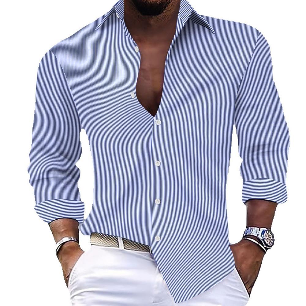 Camicia casual da uomo a righe con revers a maniche lunghe