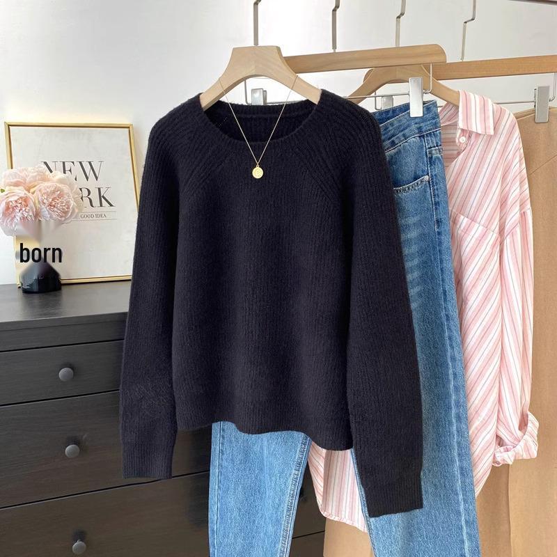 

Women s Raglan Sleeve Round Neck Knitwear - 2025 Autumn/Winter Layering Sweater, Lazy Style Top XL (121-130 lbs)