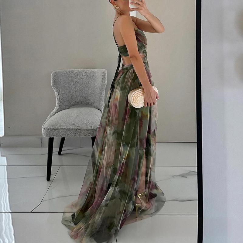 2026 Spring Women's Colorblock Print V-Neck Spaghetti Strap Long Dress