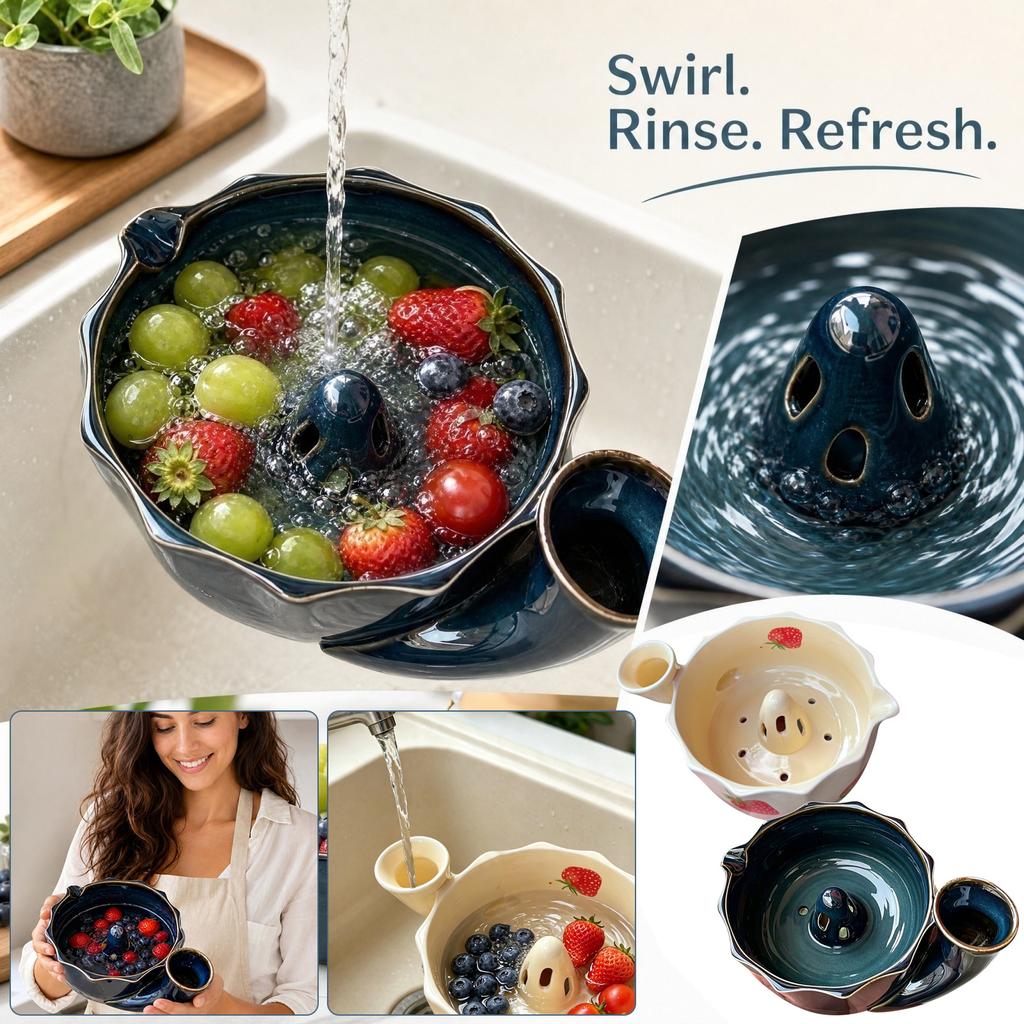 Ceramic Washing Bowl with Design for Produce Cleaning in Kitchen