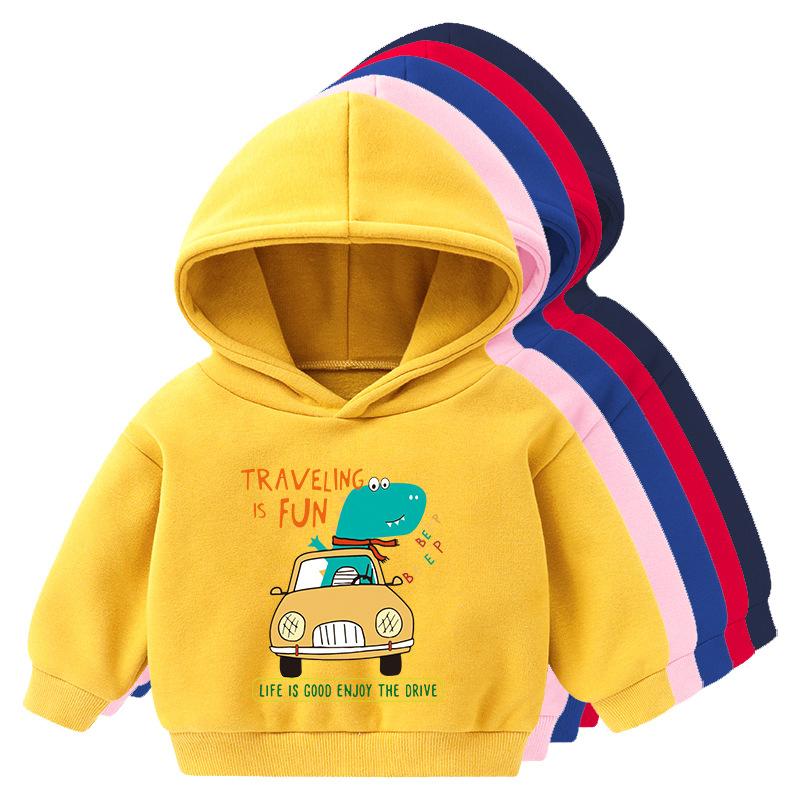 Children's Hooded Sweatshirt Fleece-Lined Children's Clothing New Spring Collection Cartoon Dinosaur Long-Sleeved Top for Young Children Leisure