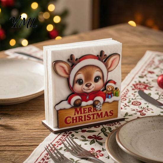 Solid Wood Tissue Dispenser Wooden Christmas Napkin Holder, Gingerbread Man And Deer Design, Paper Towel Holder Decorative Vertical Storage