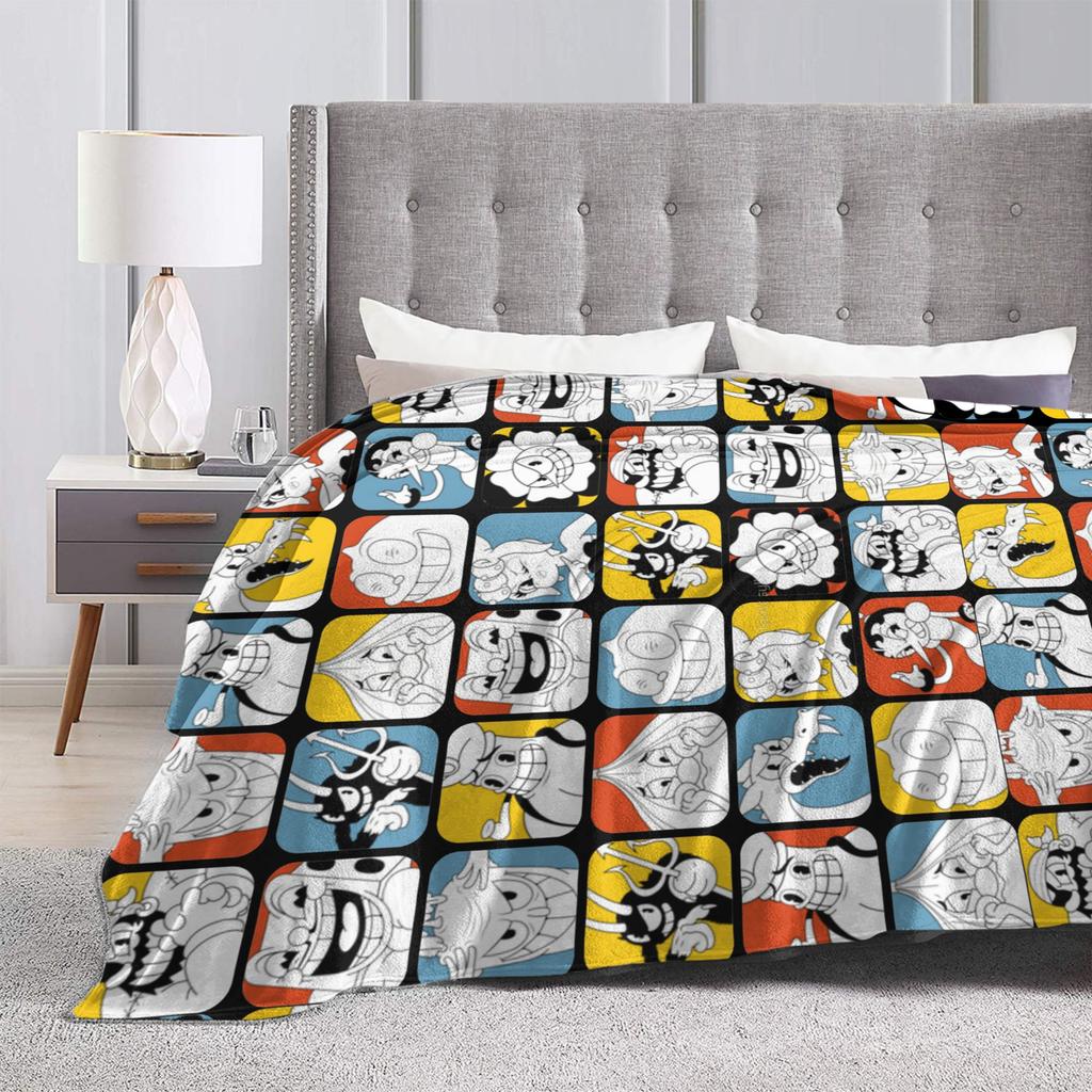 Die Cuphead Collage Plüschdecken Spiel Anime Lustige Überwurfdecken für Zuhause Hotel Sofa 200x150cm Steppdecke,