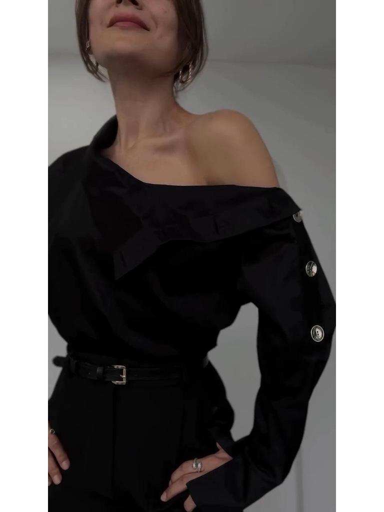 2025 Europeisk & Amerikansk Mode Off-Shoulder Hög Hals Enfärgad Dam Skjorta