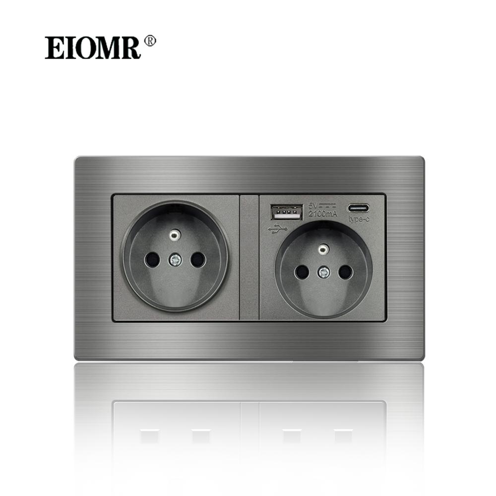EIOMR France Standard Electrical Socket Grey Aluminum Alloy Panel Light Switch Rj45 Tv 220V 16A Wall Outlets for Home Appliance