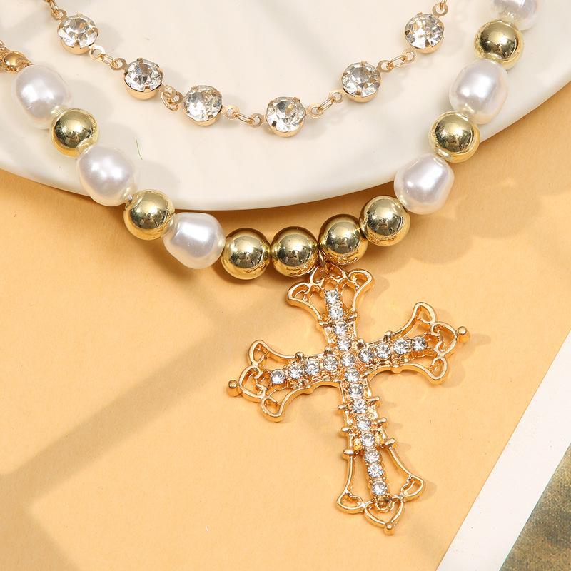 Retro Pearl & Diamond Cross Necklace - Hip-Hop Punk Style Summer Accessory