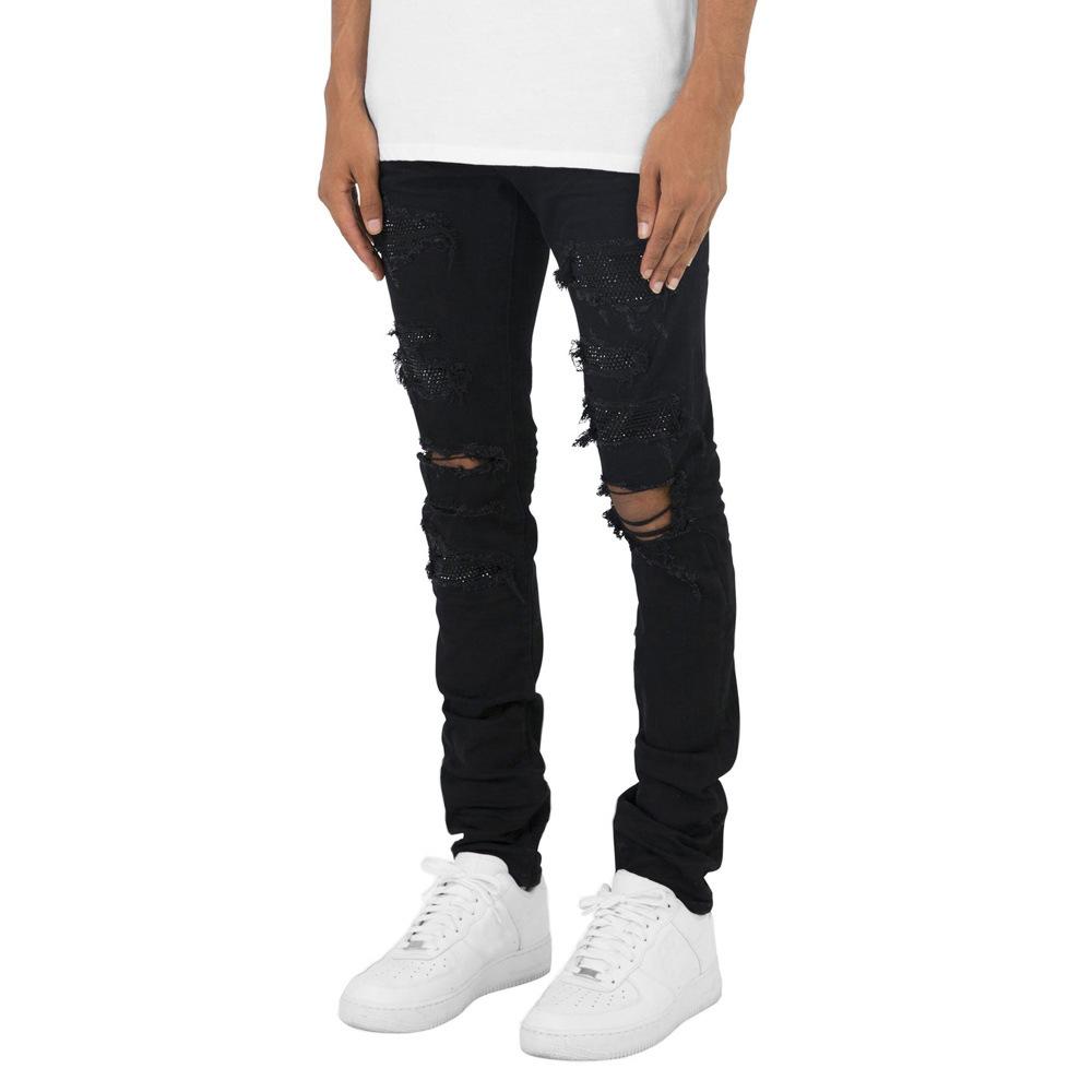 Style Hot Diamond Ripped Black Men's Jeans Personalized Slim Fit Elastic Men's Jeans