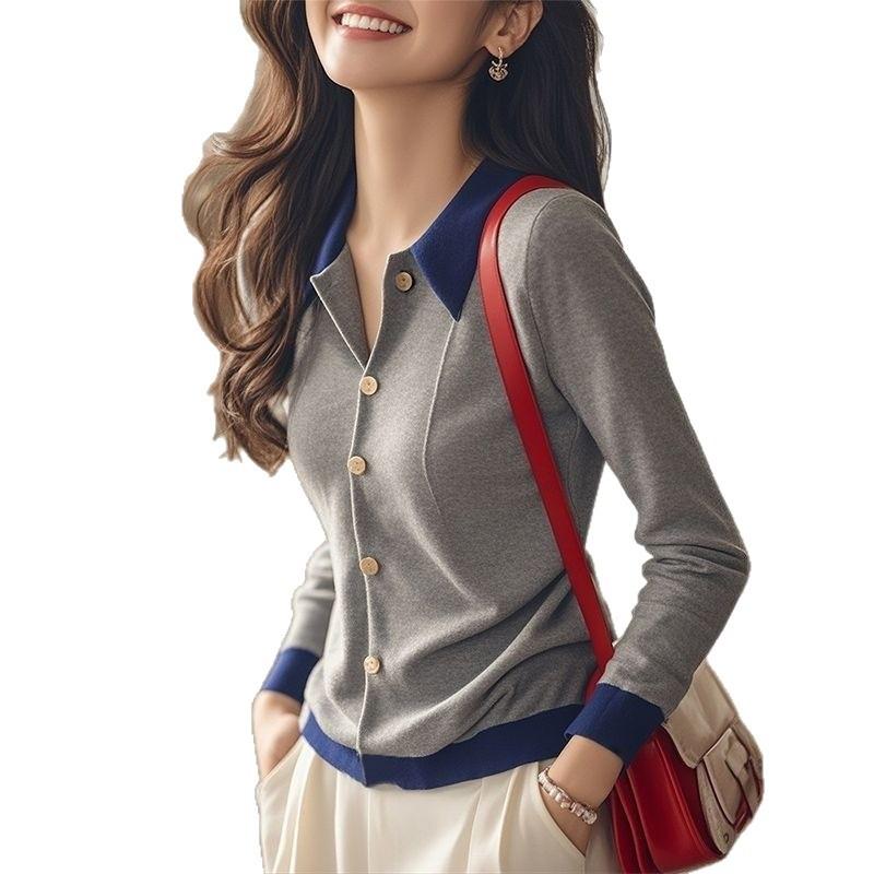 Gray Splicing Knitted Sweater Women's Autumn and Winter New Single-breasted Long-sleeved Bottoming Top Temperament Lapel Jacket