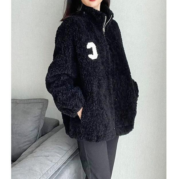 Home Stand-up Collar Plush Jacket for Women's Tide Autumn and Winter Casual Outer Wear Fleece Thickened Double-sided Coral Fleece Thermal Sweater