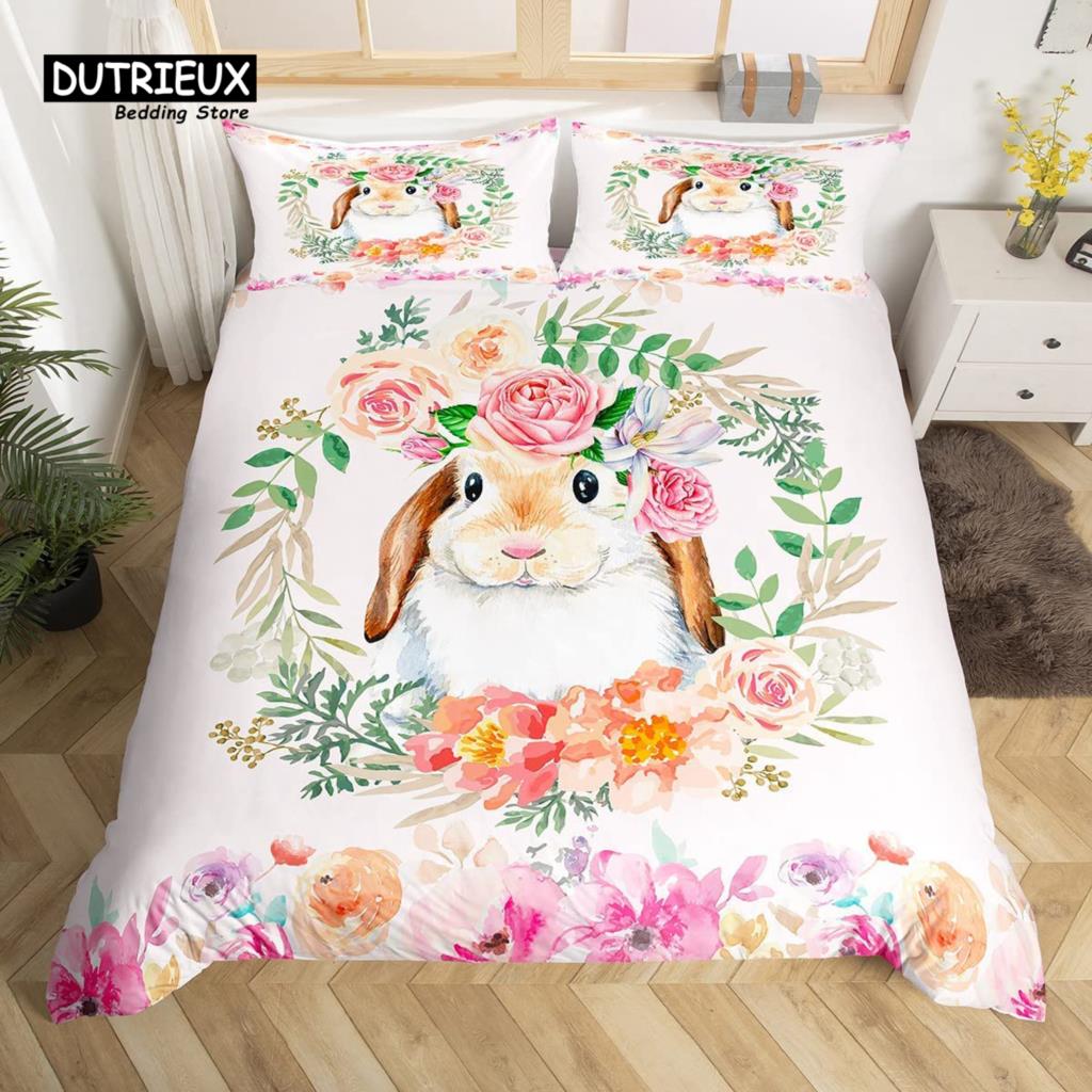 Cute Rabbit Duvet Cover Set Twin Queen Colorful Flower Bedding Set Microfiber Botanical Floral Cartoon Animal Comforter Cover