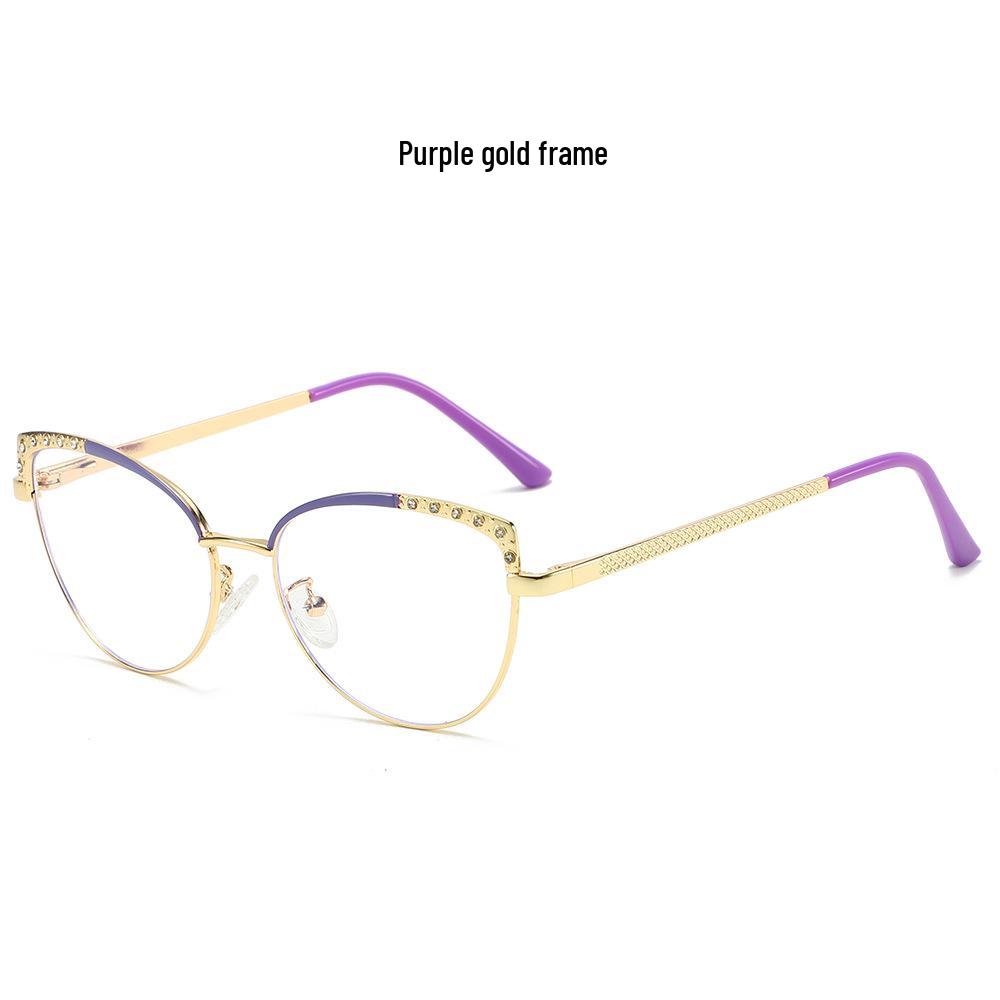Color-Changing Anti-Blue Light Cat Eye Glasses with Rhinestones and Myopia-Compatible Flat Lenses