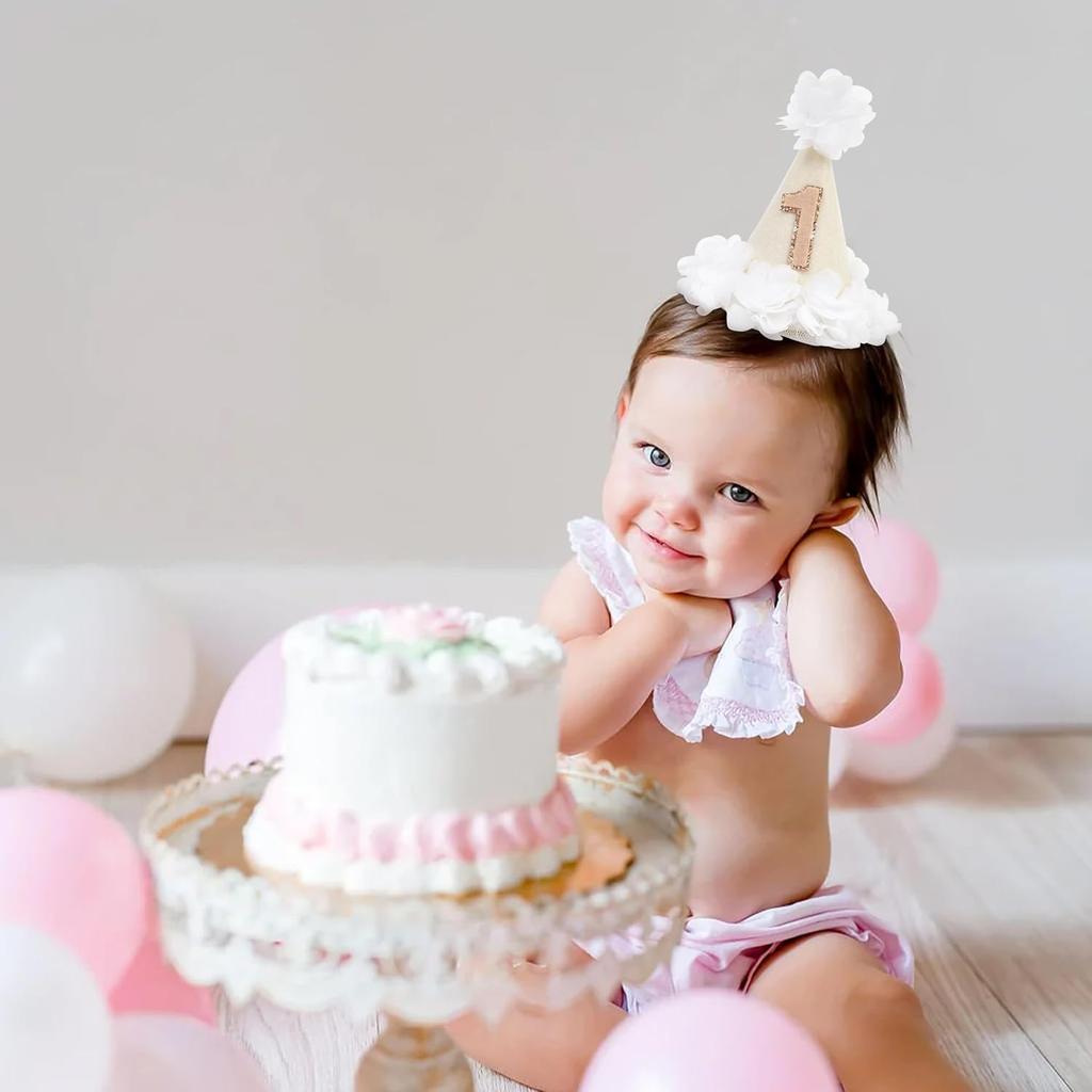 White Flower 1st Birthday Hat - First Birthday Decorations For Girls,Felt Cone Party Hat Photo Props,1st Birthday Hat With White Gauze Flowers,Little
