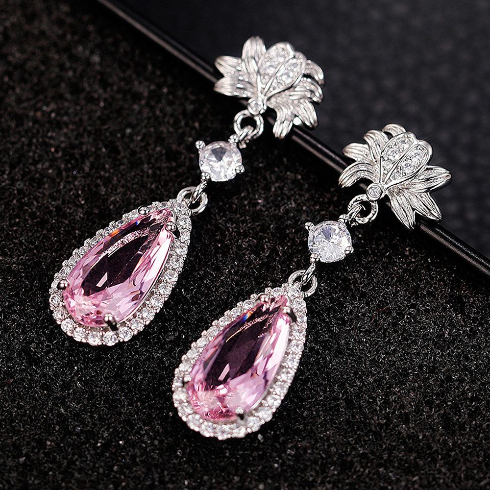 Internet Celebrity Long Water Drop Pear-Shaped Flower Earrings, Simulated Yellow Diamond Topaz Pink Diamond Earrings