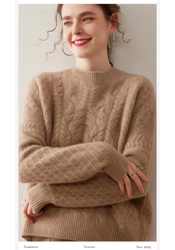 Women's Three-Ply Cashmere Sweater – Loose, Soft, Fluffy, Round Neck Pullover, Versatile Cable Knit for Autumn/Winter.