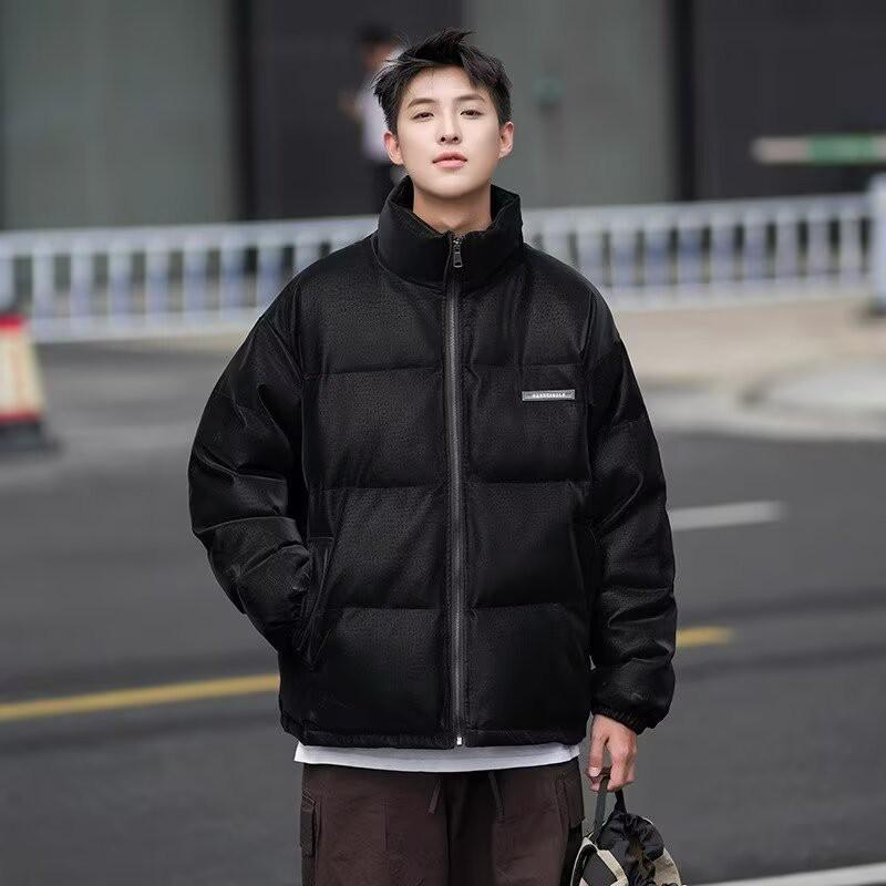Trendy Stand Collar Solid Color Warm Cotton Padded Jacket Teenagers Loose Fit Casual Winter Outerwear