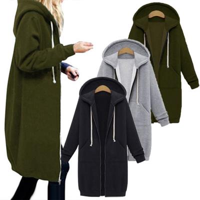 Plus Size Solid Color Casual Thicken Hooded Women Zip Up Long Sweater Coat