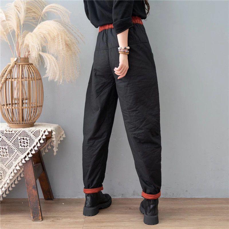 Retro Color-blocking Cotton-padded Harem Pants for Women's Winter Commuting, Simple and Thickened Cotton Pants