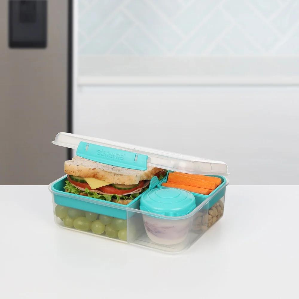 Plastic Bento Lunch Box with Yogurt Pot Microwave Safe Freezer Safe Stackable Easy Locking Clip Multiple Compartments Teal