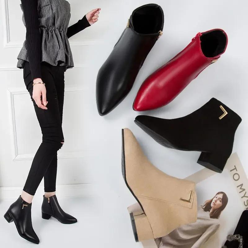 Fashion Women Boots Casual Leather Low High Heels Spring Shoes Woman Pointed Toe Rubber Ankle Boots Black Red Zapatos Mujer785
