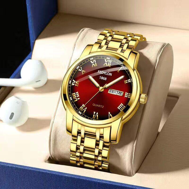 New Black Korean Style Trendy Student Roman Steel Belt Watch for Men Quartz Double Calendar Waterproof Men's Watch