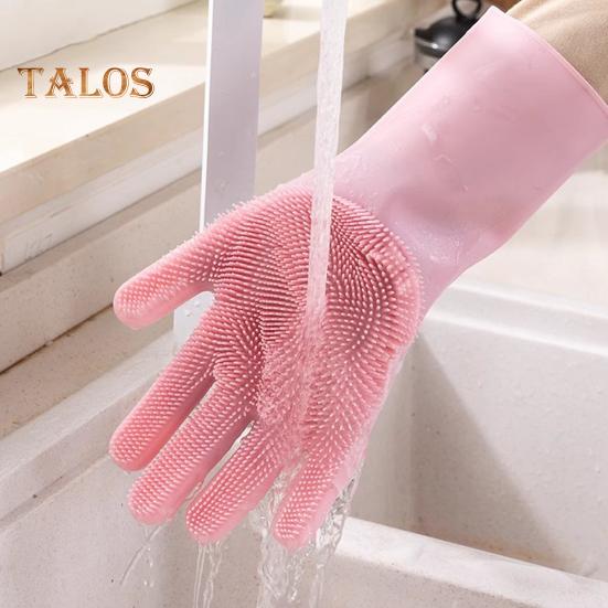 1 Pair Cleaning Gloves Anti-Scalding Reusable Silicone Dishwashing Gloves with Fine Bristles for Home