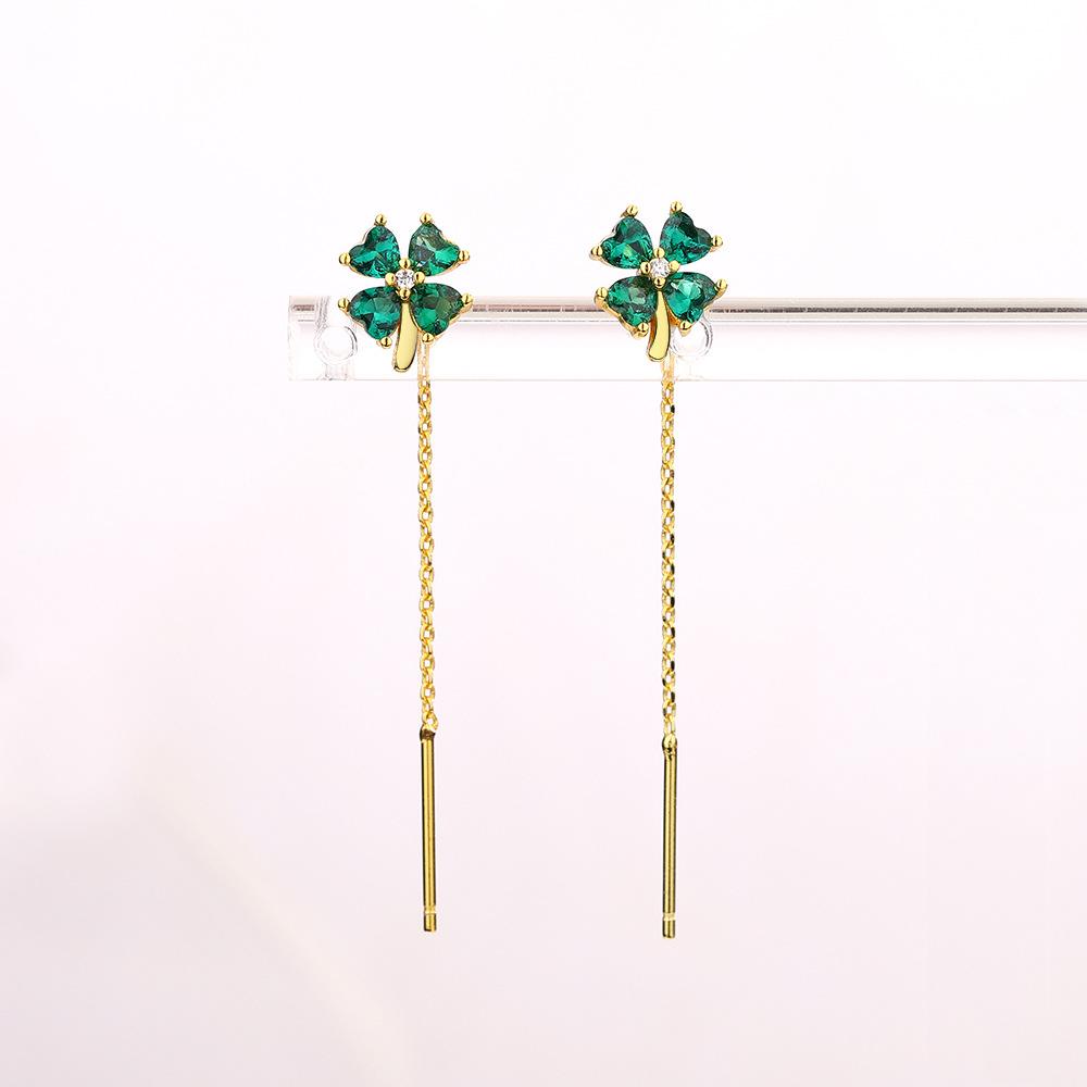 Lucky Clover Earrings Classic Temperament Retro Emerald Earrings Long Chain Tassel Love Flower Earrings