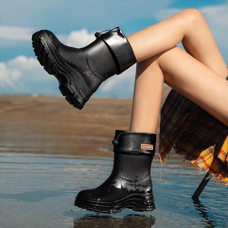Fashionable Women's Thick Soled Waterproof Rain Boots, Anti Slip Short Tube, Adult Waterproof Kitchen Rubber Boots