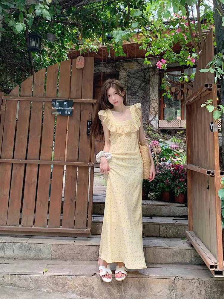 French Girl Floral Ruffle Midi Dress - Sexy Slim Lace Spaghetti Strap Summer Vacation Dress