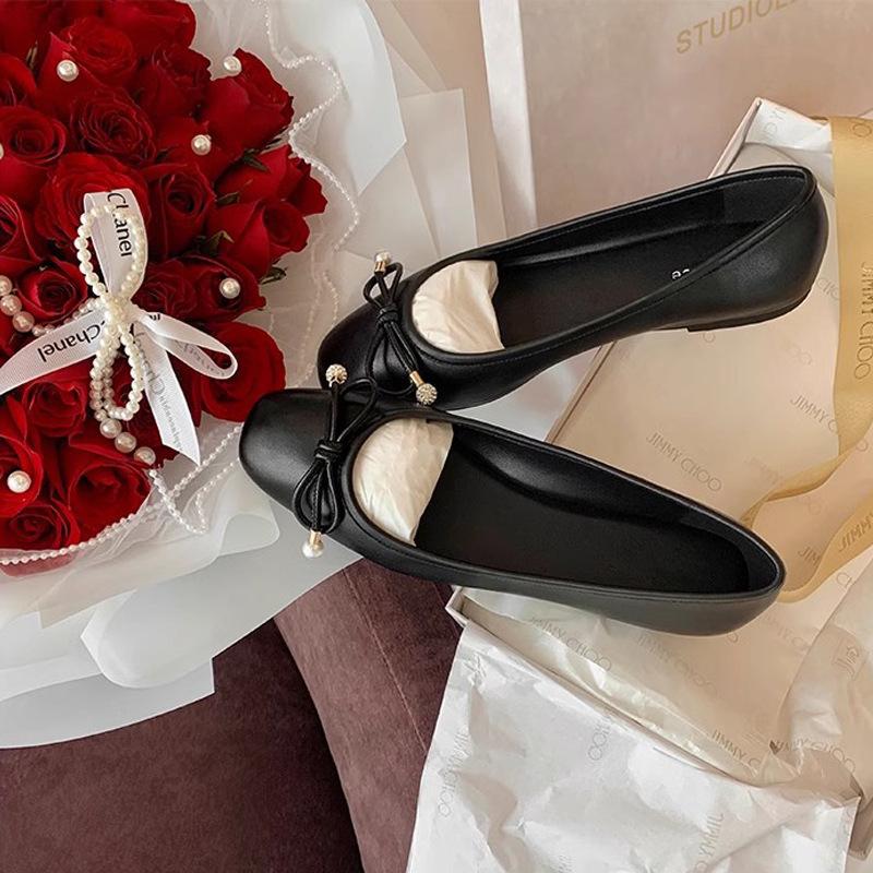 

Виноградная Мама Фрида Девочка~ Квадратный Носок Бант Светлый Рот Нежные Жемчужные Балетки из Овчины Одинарная Обувь 40 чёрный