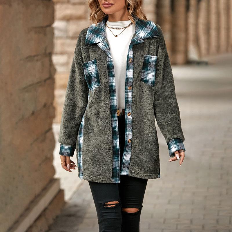 Turndown Collar Plaid Plush Jacket Women's Single Breasted Long Sleeved Coat Medium Length Loose Warm Outerwear Autumn and Winter New Fashion
