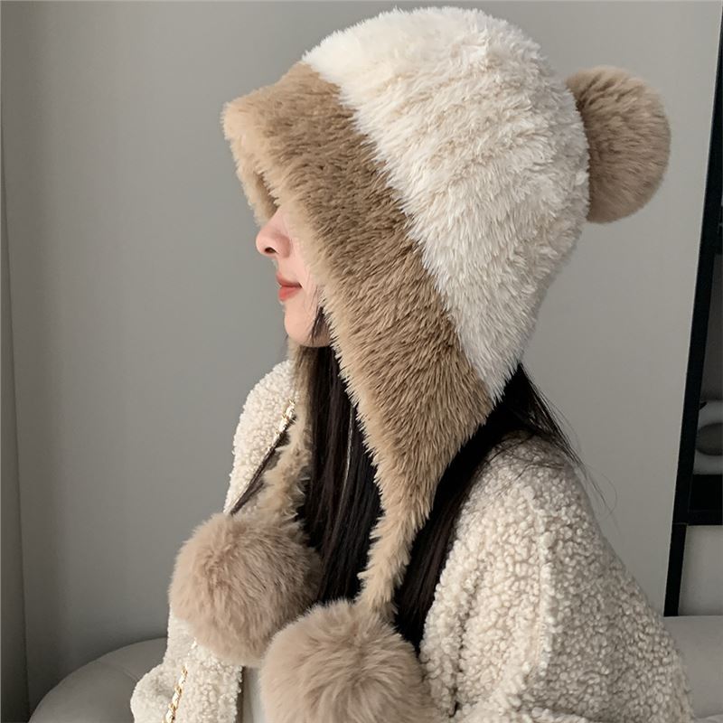 Plush Lei Feng Hat for Women In Autumn and Winter New Style Showing Face Small Plush Thickened Knitted Hanging Ball Wool Hat Warm and Ear Protection