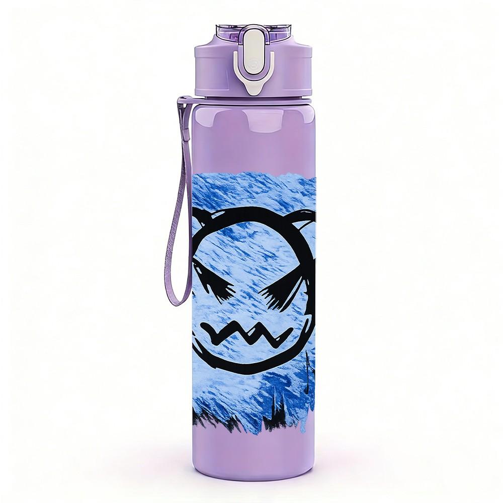 1PC Blue Graffiti Angry Bear Face Print 750ml Color Plastic Sports Water Bottle Leakproof Flip Straw Lid Suitable for Sports Office Home Use