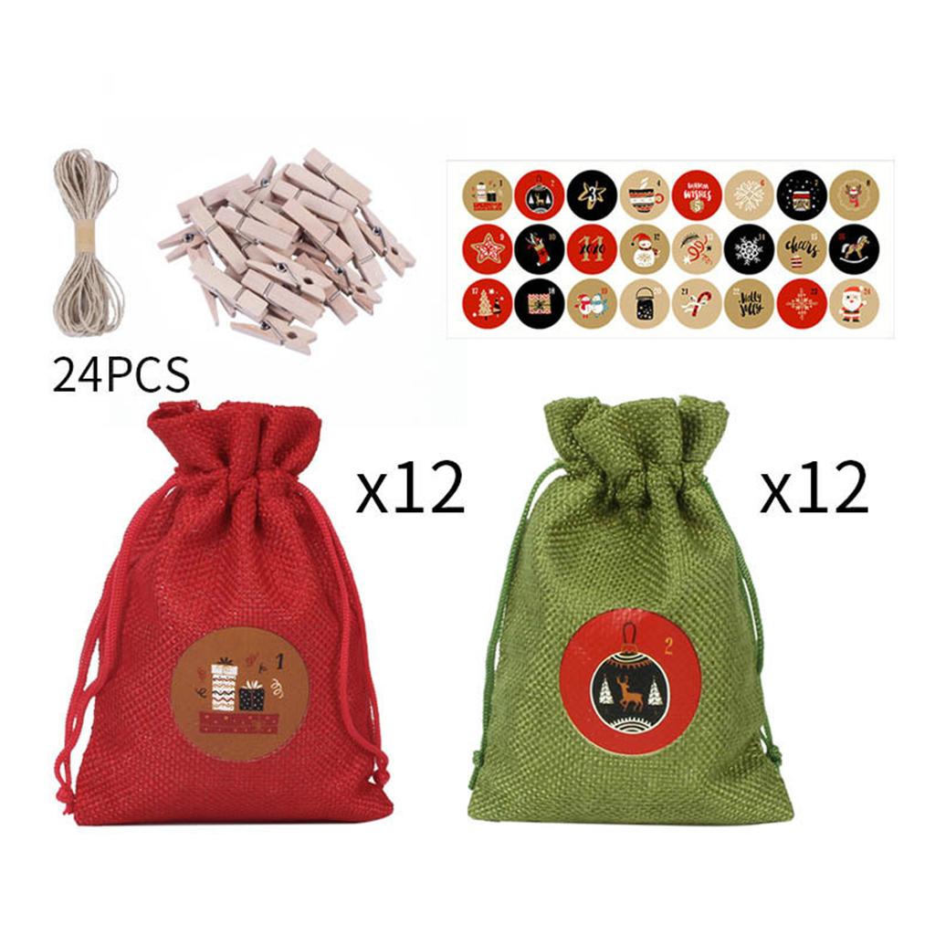 24 Sets Christmas Advent Calendar Drawstring Bag with Stickers Wooden Clips Ropes Hanging Countdown Candy Gift Pouch DIY Xmas Home Party Favors