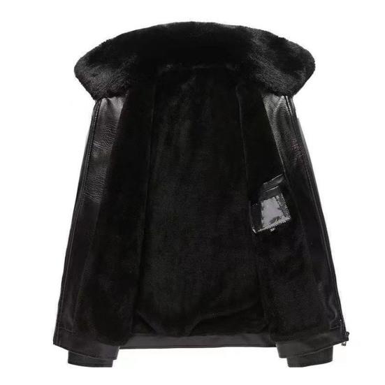 Men Coat Faux Fur Lapel Long Sleeve Faux Leather Jacket Thickened