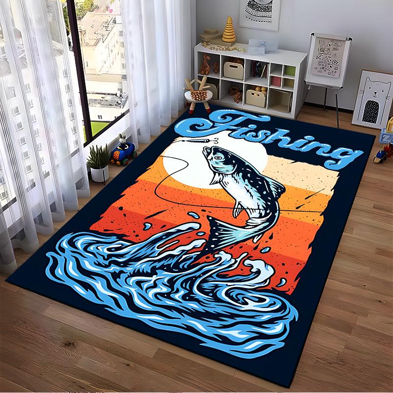 Fishing Theme Carpet with Jumping Fish and Sunset Design, Blue-Orange Suitable for use as an anti-slip for living room bedroom sofas