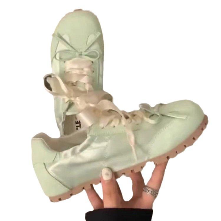 Bow German training shoes women's 2025 summer new soft-soled flat-soled pink ballet shoes casual versatile white shoes