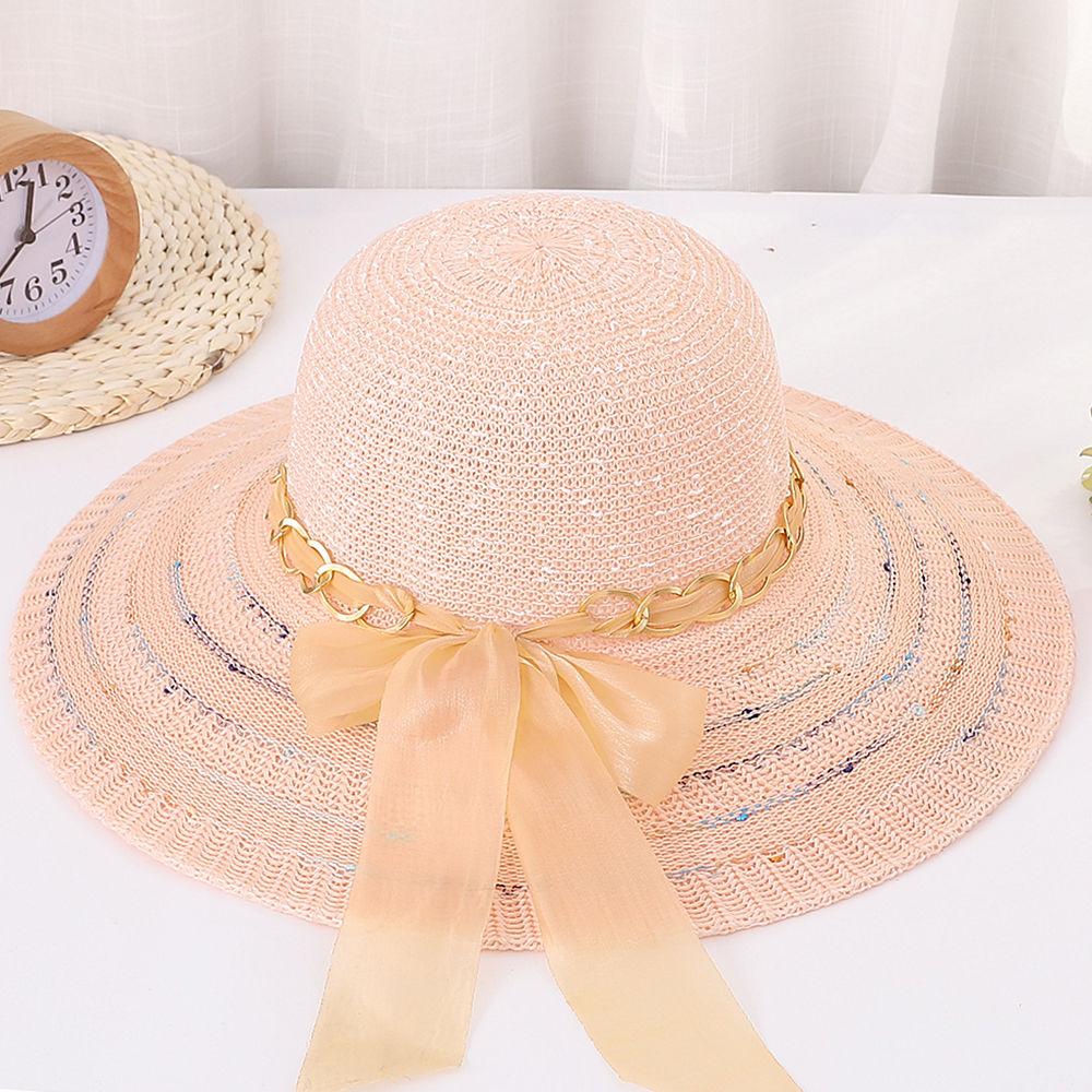 Summer New Women's Versatile Sunshade Hat Sunscreen UV Foldable Large Brimmed Grass Hat Bow Sun Hat Beach