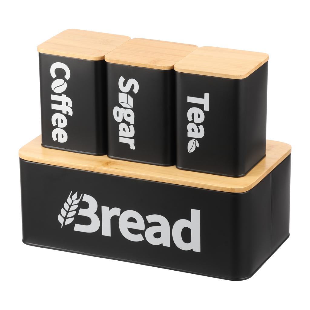 3/4Pcs Bread Bin Tea Coffee Sugar Canisters Set Iron Bread Box Tea Coffee Canisters with Bamboo Lids for Kitchen Bakery and Home