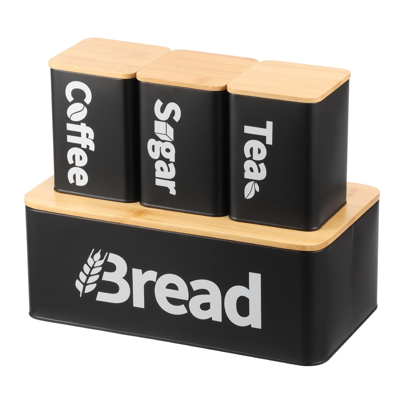 

Набор из 4 предметов: хлебница и банки; железная банка для хлеба; банки для хранения сахара, чая, кофе; крышки из бамбуковых разделочных досок для кухни чёрный