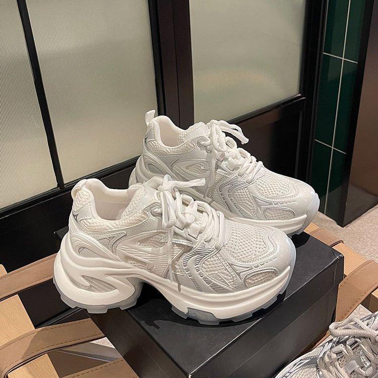 Silver and white mesh heightened platform sports casual shoes women's 2025 spring and autumn new breathable versatile commuter dad shoes