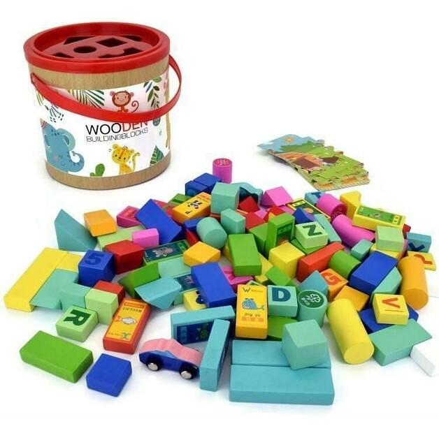 Pro-Kids Colored Wooden Construction Set with Sorter, 100 Pieces