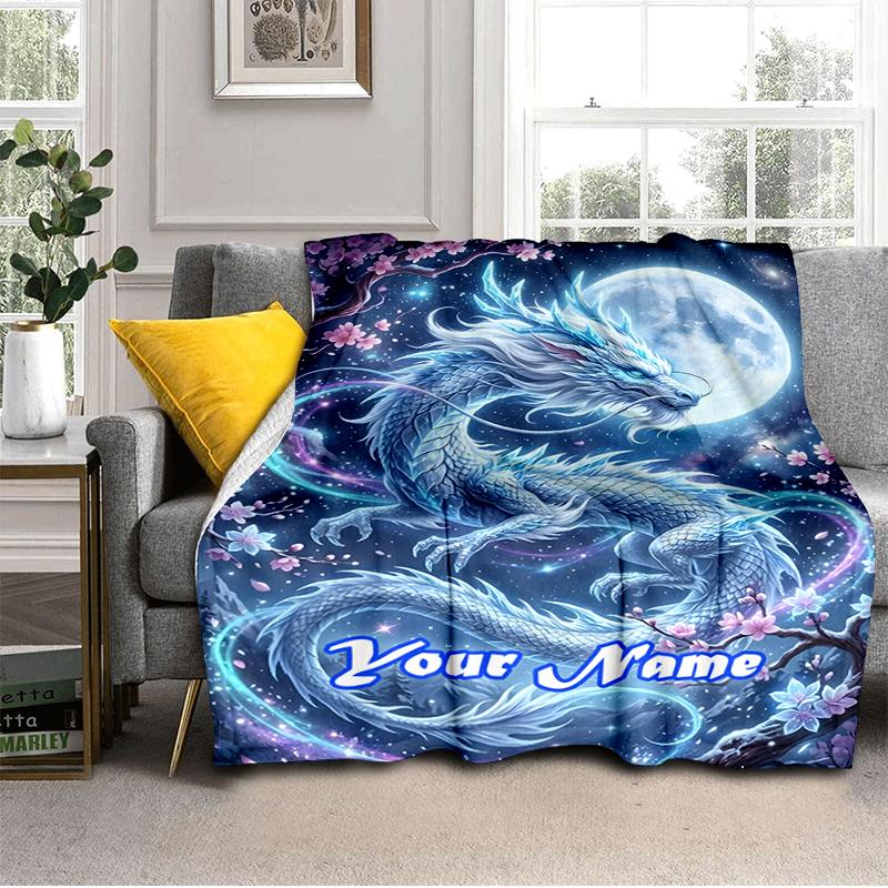1PC Custom Name Ethereal Dragon Moonlit Night outdooor Flannel blankets Throw Blanket All-Season Throw Gift Bedspread for Couch, Bed, Camping Holiday