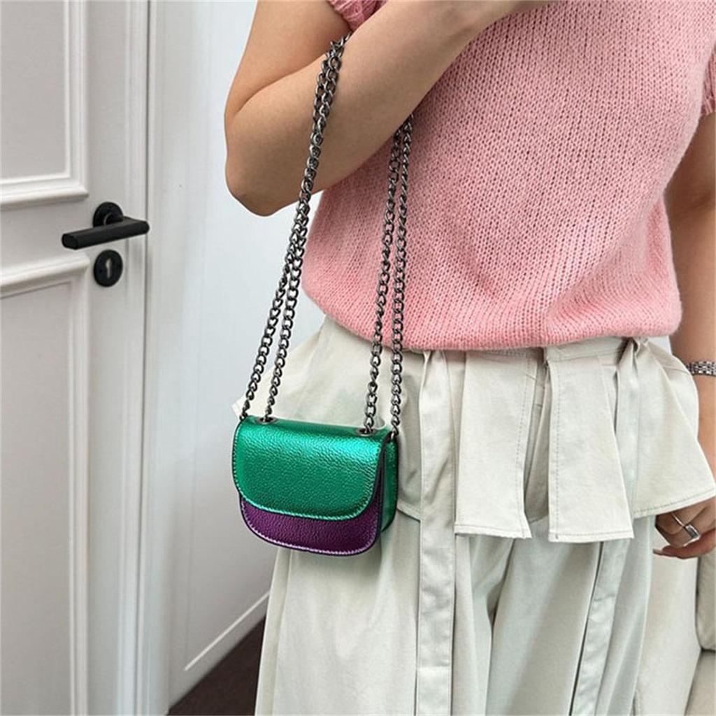 Women's K-G PU Mini Colorful Splicing Chain Bag Fashionable And Versatile Saddle Bag Single Shoulder Crossbody Bag