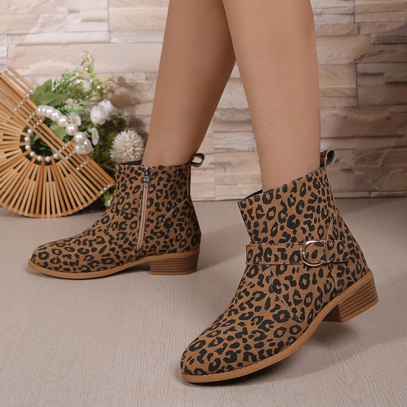 Fashion Women's Fashion Chunky Cotton Boots Winter New Round Head Suede Leopard Print Side Zipper Non-slip Short Boots