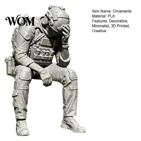 Tactical Equipment Sculpture 3D Printed Soldier Figurine Ornament, Sitting Statue, Desk Accessory Funny Tired for Table Shelf Edge Decor Miniature